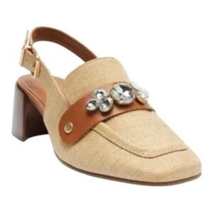 Arezzo Emery Mid Block Pump Slingback Heels Crystal Embellishments Brown Tan 11